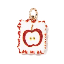 Red Brass Pendants, Rectangle with Apple Charms, Golden, Red, 19x14x3.5mm, Hole: 3.5mm