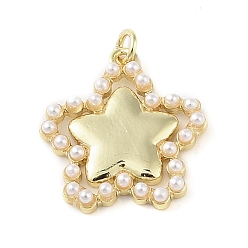 Звезда Латунные подвески, без кадмия и без свинца, с ABS имитации жемчуга, реальный 18 k позолоченный, звезда, 19x17.5x2.5 мм, отверстие : 1.6 мм