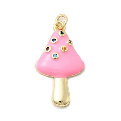 Бледно-Розовый Латунные микро проложить кубического циркония подвески, грибные прелести, с прыгающим кольцом и эмалью, без кадмия и без свинца, стойки покрытие, долговечный, реальный 18 k позолоченный, розовый жемчуг, 26.5x15x3.5 мм, отверстие : 3.4 мм