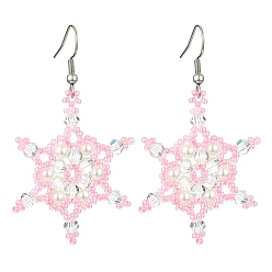 Pink Рождественские снежинки стеклянные семена плетеные серьги-подвески, с имитацией жемчужина бисера, розовые, 61x35 мм