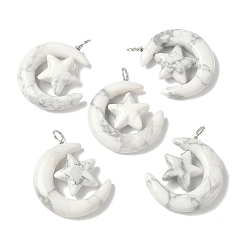 Говлит Природные подвески Говлит, луна со звездными чарами, с петлями из медной проволоки, платина, 36~37x27~28x7.5~8 мм, отверстие : 4 мм