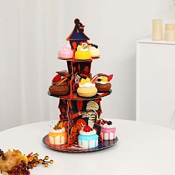 Dark Orange 3 Tier Halloween Haunted House Paper Cupcake Stand, Print Cardboard Dessert Tower, Halloween Party Table Centerpiece, Dark Orange, 275x430mm