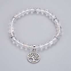 Хрусталь Браслеты из натурального кварца, с латунной фурнитурой , плоские круглые с дерева жизни, 2-1/8 дюйм (5.5 см) ~ 2-1/4 дюйм (5.6 см), бусины : 6~6.5 мм, Кулон : 18x15~15.5x2 мм