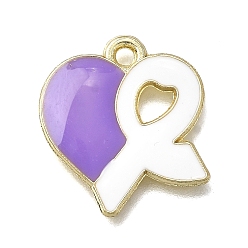 Лиловый Подвески из эмали и сплава, золотые, Сердце с осознанием ленты, сирень, 16.5x16x1.5 мм, отверстие : 1.6 мм