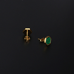 Real 18K Gold Plated Natural Malachite Hexagon Stud Earrings, 304 Stainless Steel Earrings, Real 18K Gold Plated, No Size