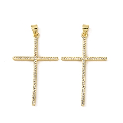 Real 18K Gold Plated Brass Micro Pave Cubic Zirconia Pendants, Cross, Cadmium Free & Lead Free, Long-Lasting Plated, Rack Plating, Real 18K Gold Plated, 40.5x24x3mm, Hole: 4x3.5mm