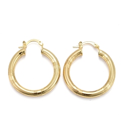 Настоящее золото 18K Латунные серьги обруча, долговечный, текстурированная форма кольца, реальный 18 k позолоченный, 33.5x29.5x4 мм, штифты : 1 мм