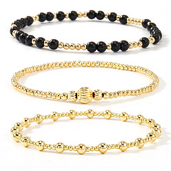 Черный 3Штукатурные браслеты из круглых бусин из стекла и латуни, эластичные., составные браслеты для женщин, золотые, чёрные, 6.50 дюйм (16.5 см) ~ 6.89 дюйм (17.5 см)