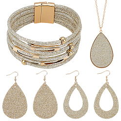 Бледно-Золотистый Колье-капелька из искусственной кожи, серьги с подвесками и браслет из нескольких нитей, комплект украшений из золотого сплава для женщин, бледно золотарник, Ожерелье: 850 mm