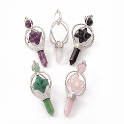Mixed Stone Natural Mixed Gemstone Big Pointed Pendants, with Platinum Plated Brass Findings, Bullet & Merkaba Star, 63~66x29~30mm, Hole: 8x5mm