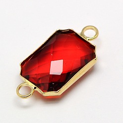Оранжево-Красный Золотистые латунные стеклянные прямоугольные звенья соединители, граненые, оранжево-красный, 22x10x5 мм, отверстие : 2 мм