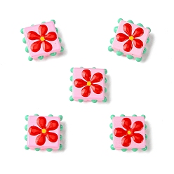 Pink 5Pcs Handmade Lampwork Enamel Beads, Bumpy Square with Flower, Pink, 17.5x17.5x7mm, Hole: 1~1.5mm
