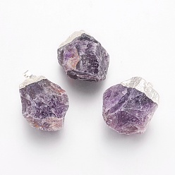 Аметист Природных драгоценных камней подвески, с латунной фурнитурой , самородки, серебряный цвет гальваническим, 30.5~38x20~30x14~21.5 мм, отверстие : 5x8 мм