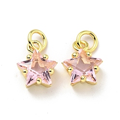 Pink Кулоны из экологически чистой латуни с микропаве и кубическим цирконием, с целью перехода в кольце, без кадмия и без свинца, реальный 18 k позолоченный, звезда, розовые, 11x8.5x5 мм, отверстие : 3.2 мм