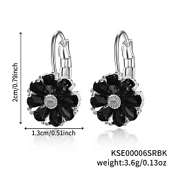 Черный Серьги-кольца из латуни с цветком, с кубического циркония, серебряные, чёрные, 20x13 мм