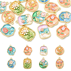 Mixed Color 16Pcs 8 Styles Rack Plating Alloy Enamel and ABS Imitation Pearl Pendants, Flower Charms, Cadmium Free & Nickel Free & Lead Free, Golden, Mixed Color, 24~27x17~21x4~6mm, Hole: 1.6~1.8mm, 2pcs/style