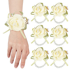 Светло-желтый Пластиковый корсаж на запястье, с искусственным цветком из полиэфирной ткани и тканевыми эластичными браслетами, светло-желтый, внутренний диаметр: 50 мм