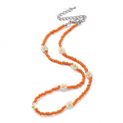 Dark Orange Glass Flower Beaded Necklace, Dark Orange, 15.91 inch(40.4cm)