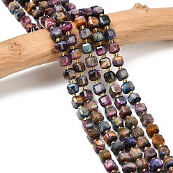 Разноцветный Природных тигровый глаз бисер нитей, граненые настольные бусины в форме куба, окрашенная и подогревом, с бисером, красочный, 7x7x7 мм, отверстие : 1 мм, около 43 шт / нитка, 14.65'' (37.2 см)