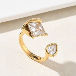 Rhombus 304 Открытые кольца-манжеты из нержавеющей стали с прозрачными кубическими циркониями для женщин, золотые, ромб, внутренний диаметр: 17.4 мм