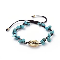 Synthetic Turquoise Adjustable Chip Synthetic Turquoise(Dyed) Braided Bead Bracelets, with Electroplated Cowrie Shell Beads, Golden Plated Brass Beads and Nylon Thread, 5.4~8.8cm