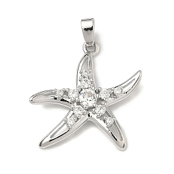 Платина Латунные микропаве прозрачные подвески с фианитом, прелести морская звезда, платина, 22.5x22.5x2.5 мм, отверстие : 2.6x4.8 мм