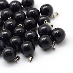 Синий Драгоценный Камень Круглые синтетические голубые голдстоуновские подвески, с латунной фурнитурой платинового цвета, 17~19x13~14 мм, отверстие : 2x7 мм