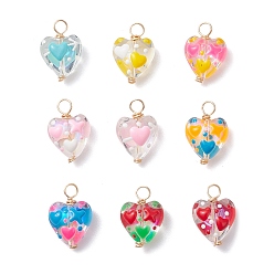 Золотой Подвески из стеклянной эмали ручной работы, сердце, с медной проволокой, золотые, 19.5~20.5x13.5~14x8~9 мм, отверстие : 3.5~4 мм