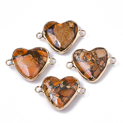Шоколадный Соединители из бронзита и имперской яшмы в сборе, с позолоченными латунными петлями, сердце, золотые, цвет шоколада, 21x29x7~8 мм, отверстие : 2.5 мм