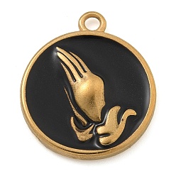 Черный 304 нержавеющей стальной эмали подвески, плоский круглый оберег с молящимися руками, чёрные, 18.5x16x2.5 мм, отверстие : 1.6 мм