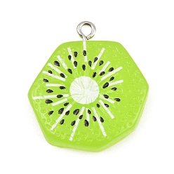 Lawn Green Opaque Resin Imitation Fruit Pendants, Kiwi Fruit Slice Shape Charm, with Platinum Iron Loops, Red, Lawn Green, 26.5x24.5x5.5mm, Hole: 1.8mm
