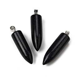 Синий Драгоценный Камень Синтетические синие золотые камни, Подвески в форме пули с 304 защелкивающимися креплениями из нержавеющей стали, цвет нержавеющей стали, 45x11.5~12 мм, отверстие : 7x4 мм