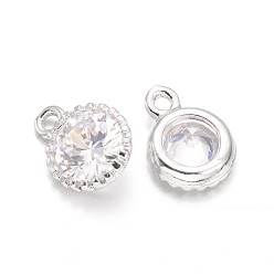 Platinum Flat Round Brass Cubic Zirconia Charms, Platinum, 10x8x4mm, Hole: 1mm