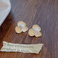 Flower Pearl Stud Earrings, 925 Silver Silver Pin Earrings for Women, Flower, 26x13mm