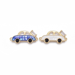 Mixed Color Brass Micro Pave Cubic Zirconia Links, with Enamel & Natural Shell Slice, Long-Lasting Plated, Car, Clear & Black, Golden, Mixed Color, 11.5x25.5x2.5mm, Hole: 1mm