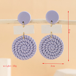 Плоский Круглый Серьги-гвоздики с подвесками из полимерной глины, сплава и дерева., золотые, сирень, плоско-круглые, 60x30 мм