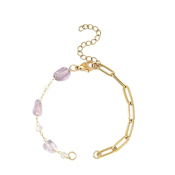 Аметист 304 изготовление браслета-цепочки из нержавеющей стали со скрепками, с бусинами из натуральных аметистов и латунной фурнитурой, золотые, 6-1/2 дюйм (16.6 см), отверстие : 3.5 мм