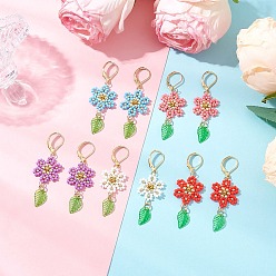 (52) Непрозрачная лаванда 304 серьги-гвоздики с застежкой-молнией в форме цветка и листа из нержавеющей стали, со стеклянными бусинами, нейлоновой проволокой и акриловыми подвесками, золотые, разноцветные, 56x18 мм