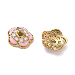Pearl Pink 304 Stainless Steel Enamel Bead Caps, Flower, Golden, Pearl Pink, 10x10x3mm, Hole: 1.2mm
