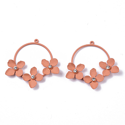 Light Salmon Spray Painted Eco-Friendly Iron Pendants, with Crystal Rhinestone, Flat Round with Flower, Cadmium Free & Nickel Free & Lead Free, Light Salmon, 40~41x39~40x5~6mm, Hole: 1.2mm