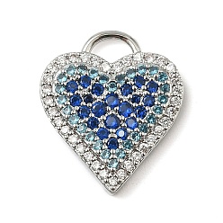 Синий Латунные микро проложить кубического циркония подвески, сердце прелести, стойки покрытие, долговечный, без кадмия и без свинца, синие, 19x16.5x3 мм, отверстие : 2.5 мм