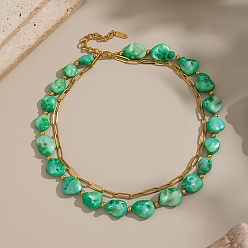 Настоящее золото 18K 304 Двухслойные ожерелья из нержавеющей стали с натуральными ракушками, окрашенными в зеленый цвет, с бусинами для женщин, ионное покрытие (ip), без кадмия, без никеля и без свинца, реальный 18 k позолоченный, 15.43 дюйм (39.2 см)