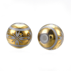 Gold Electroplate Glass Beads, Round with Flower Pattern, Gold, 8mm, Hole: 1mm, 300pcs/bag
