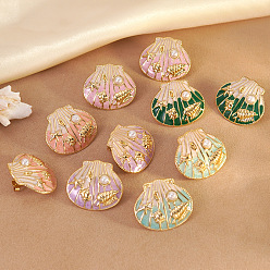 (52) Непрозрачная лаванда 304 серьги-гвоздики в форме ракушки из нержавеющей стали с эмалью, с пластиковой жемчужины, золотые, разноцветные, 22x25 мм