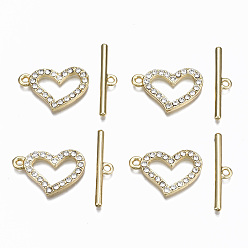 Real 16K Gold Plated Alloy Rhinestone Toggle Clasps, Cadmium Free & Nickel Free & Lead Free, Heart, Real 16K Gold Plated, Heart: 17x25.5x2.5mm, Hole: 1.5mm, Bar: 29.5x6x2mm, Hole: 2mm