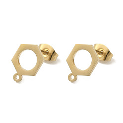 Golden Ion Plating(IP) 304 Stainless Steel Stud Earring Findings, Hexagon, Golden, 11.5x9mm, Hole: 1.2mm, Pin: 0.7x11mm