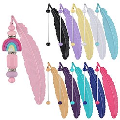 Mixed Color 11Pcs 11 Colors Spray Printed Alloy Feather Pendant Bookmarks, Beadable Bookmarks, Mixed Color, 197mm, 1pc/color