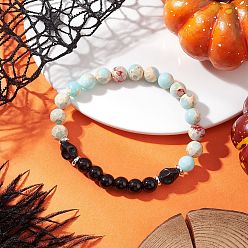 Голубой Браслет из синтетической императорской яшмы, бирюзы и расписного стекла с эластичными бусинами для женщин и мужчин, круглый и череп, голубой, внутренний диаметр: 2-3/8 дюйм (6 см)