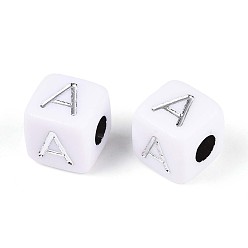 Letter A Непрозрачные акриловые бусины, куб с письмом, серебристого металла, обвитыми, буква a, 9~10x9~10x9~10 мм, отверстие : 4 мм, Около 625 шт / 500 г