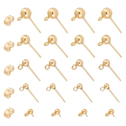 Golden 30Pcs 5 Styles 304 Stainless Steel Ball Post Stud Earring Findings, with Loop and 316 Surgical Stainless Steel Pin, with Ear Nuts, Earring Backs, Golden, 17x9x6mm, Hole: 1.6mm, Pin: 0.7mm, 6pcs/style